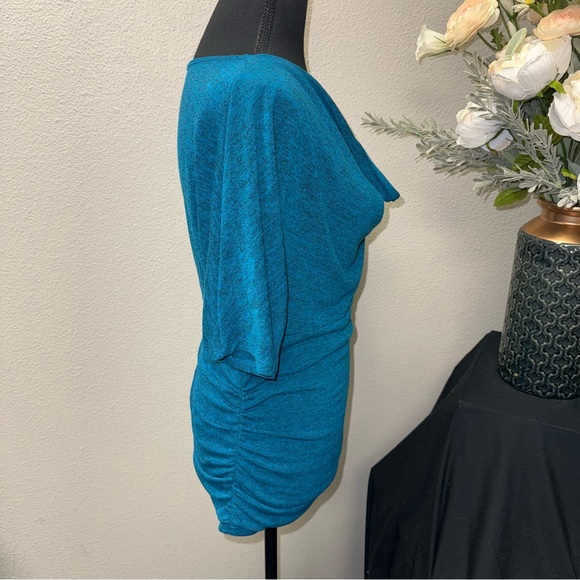 HeartSoul Teal Draped Cowl Neck Ruched Stretch Top Short Sleeve - Picture 4 of 8